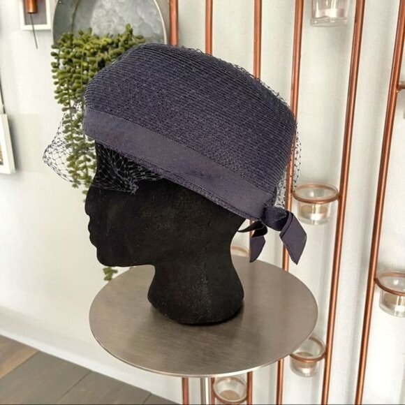 Vintage Cloche Hat Navy Blue Straw with Mesh main image 6